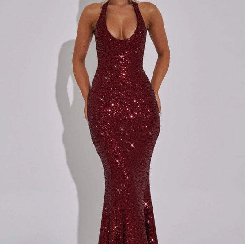 Damen Maxi-Kleid Pailletten V-Ausschnitt schmal Norvielle