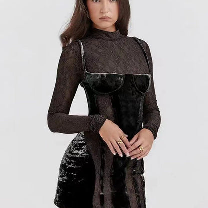 Damen Minikleid Spitze Samt Detail Figurbetont
