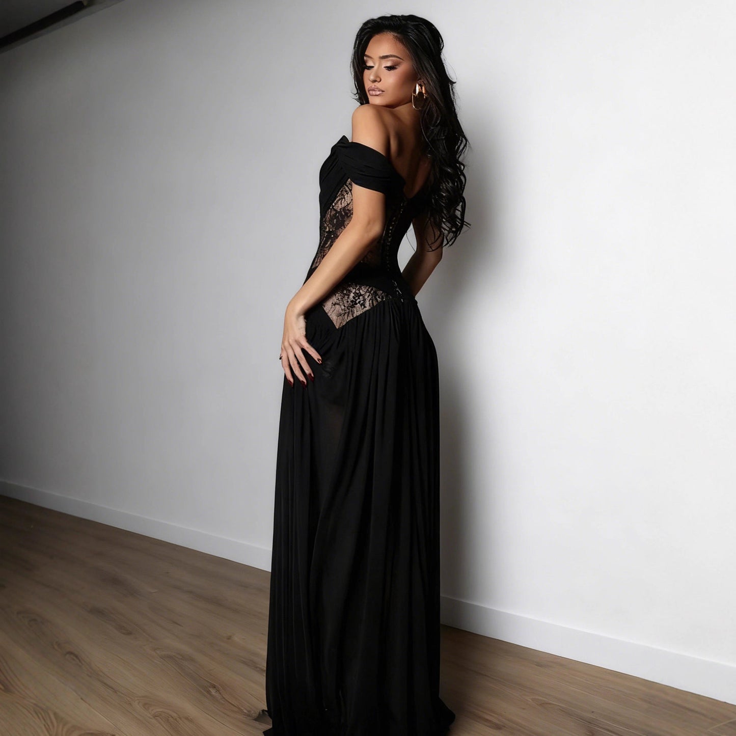 Damen Abendkleid Spitze transparent V-Ausschnitt