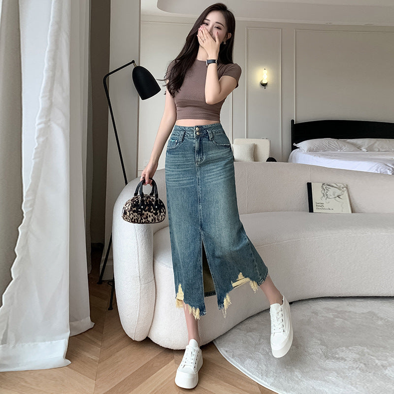 Damen Denimrock Langer Rock mit Seitenschlitz und Fransen Saum