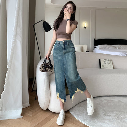 Damen Denimrock Langer Rock mit Seitenschlitz und Fransen Saum