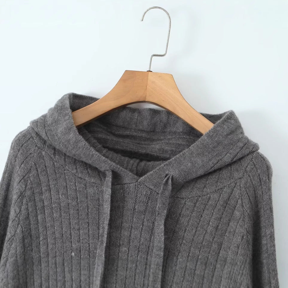 Damen Strickhoodiekleid Kapuze Rippenmuster Norvielle
