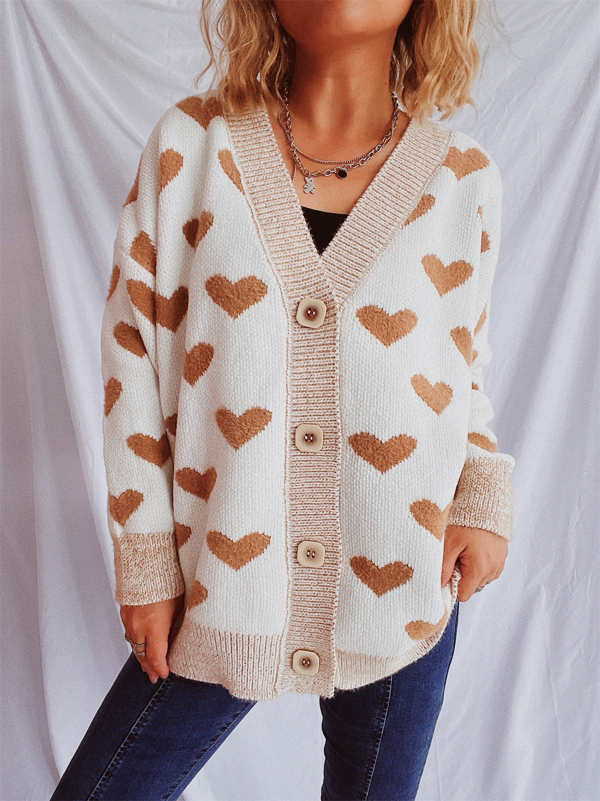 Damen Strickjacke Herz-Muster Knopf-Detail Beige