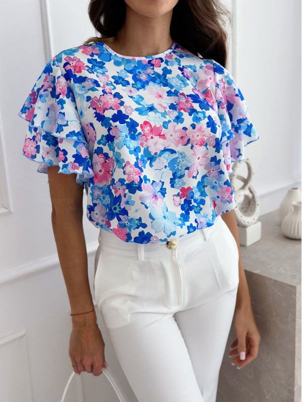 Damen Bluse Voluminöse Rüschenärmel Florales Design Norvielle