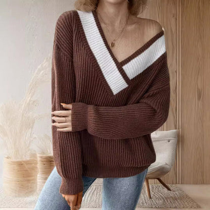 Damen Strickpullover V-Ausschnitt Rippenmuster Beige