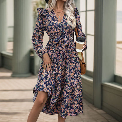 Damen Midi-Kleid Floralmuster Rüschen Elegant Blumenmuster