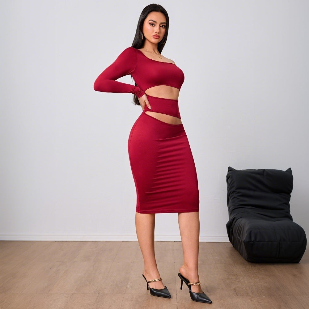 Damen Cut-Out-Midi-Kleid Asymmetrisch Langärmlig Norvielle