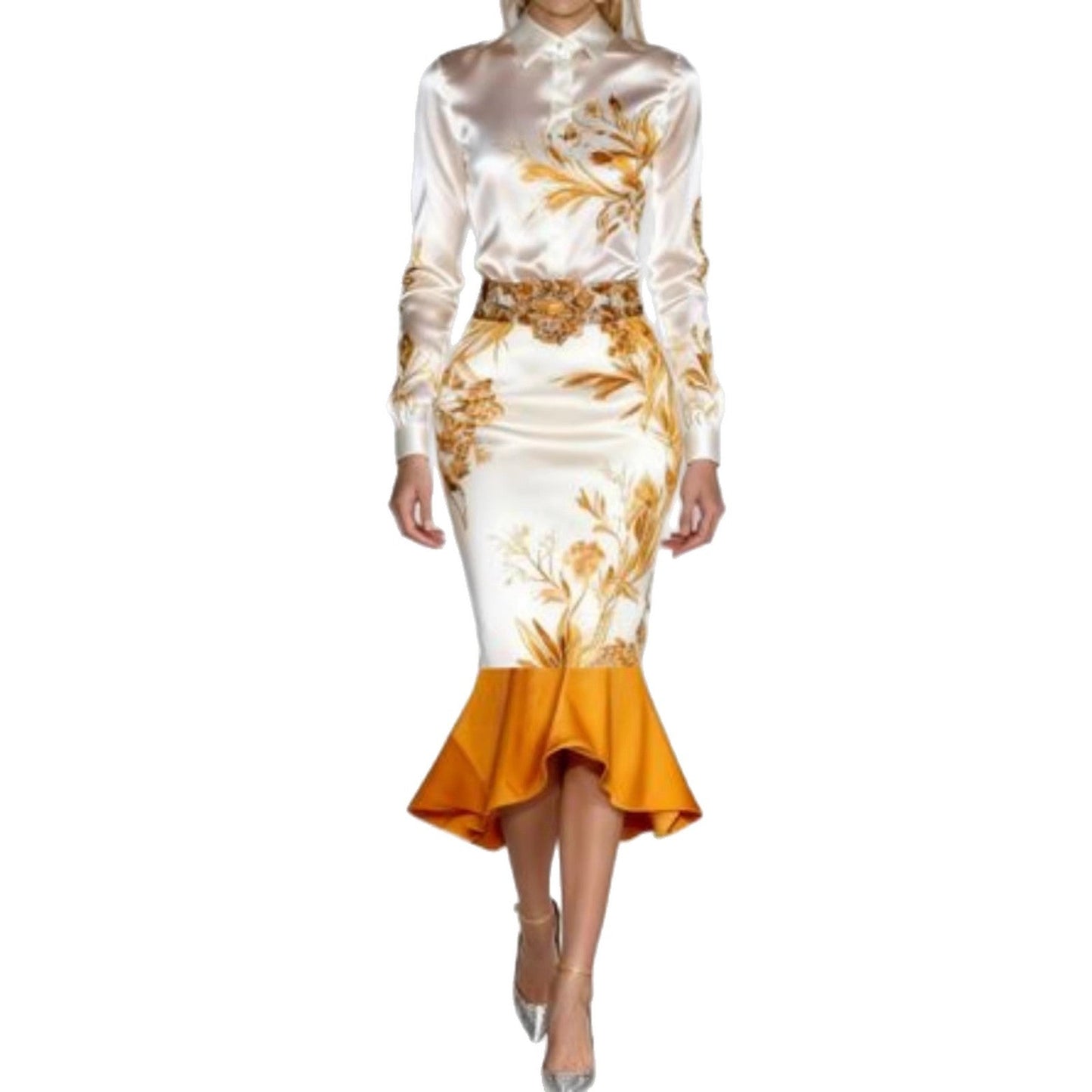 Damen Midi-Rock Blumenmuster Volantabschluss