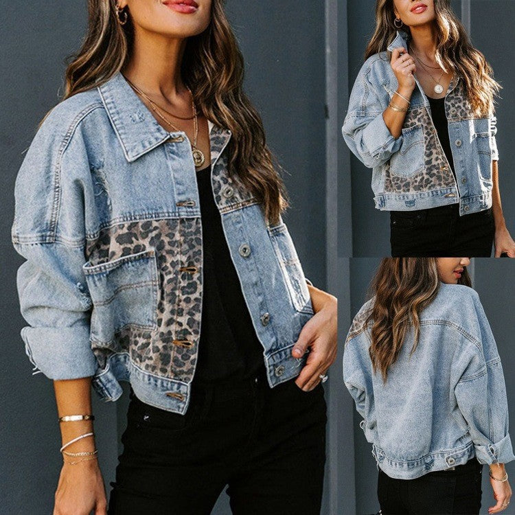 Damen Jeansjacke Kurz Leopard Muster - Norvielle