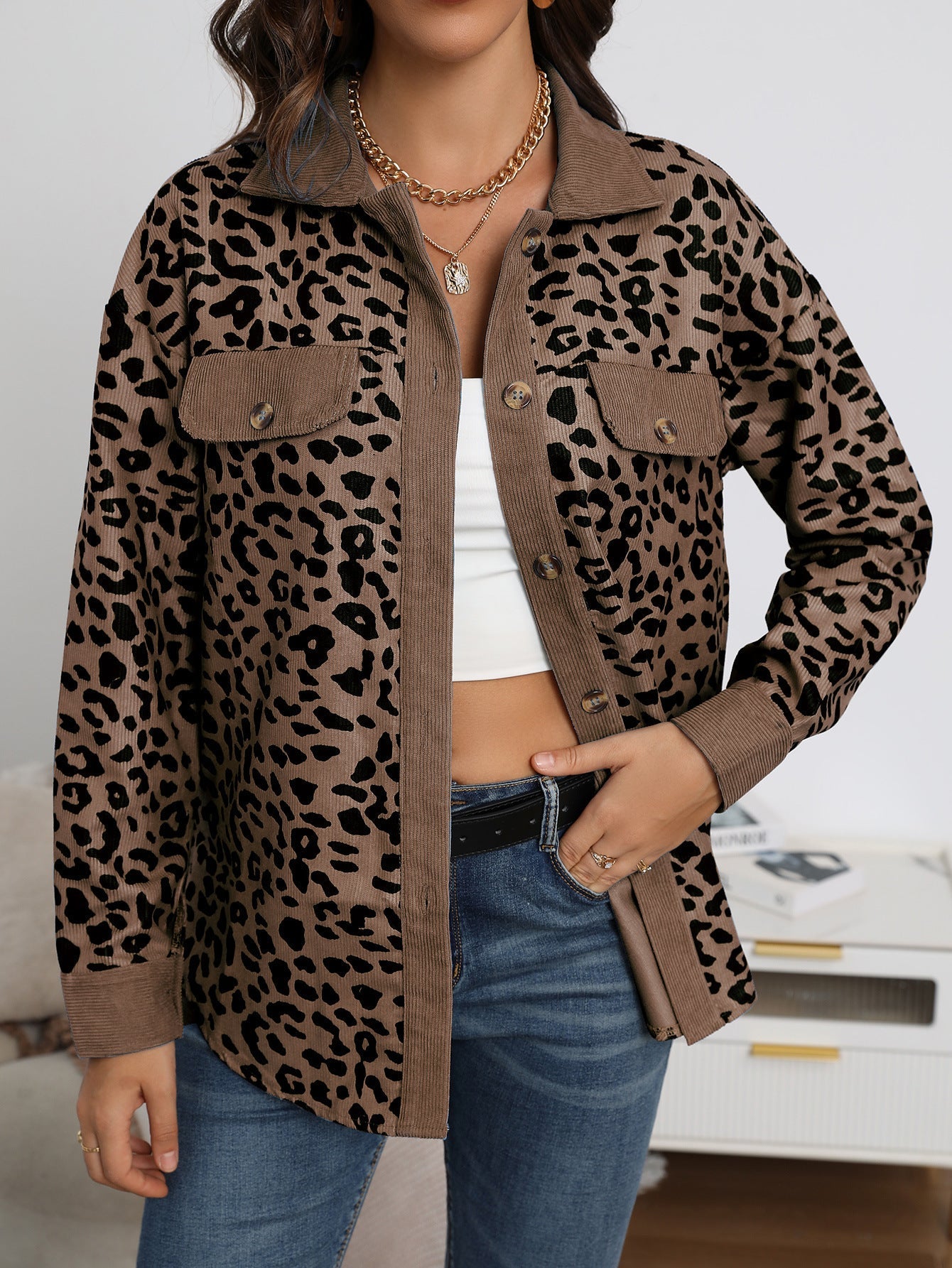 Damen Kordjacke Leo-Print mit Brusttaschen Norvielle