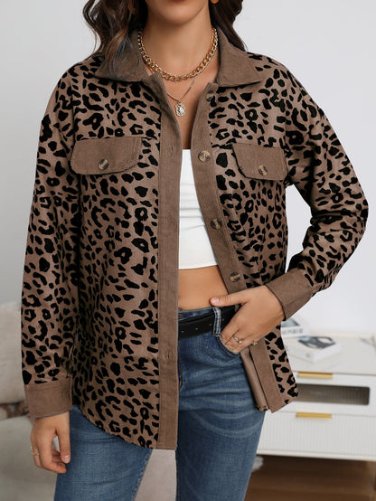 Damen Kordjacke Leo-Print mit Brusttaschen Norvielle