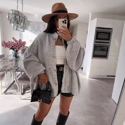 Damen Oversized Strickpullover Voluminöse Ärmel Beige - Norvielle
