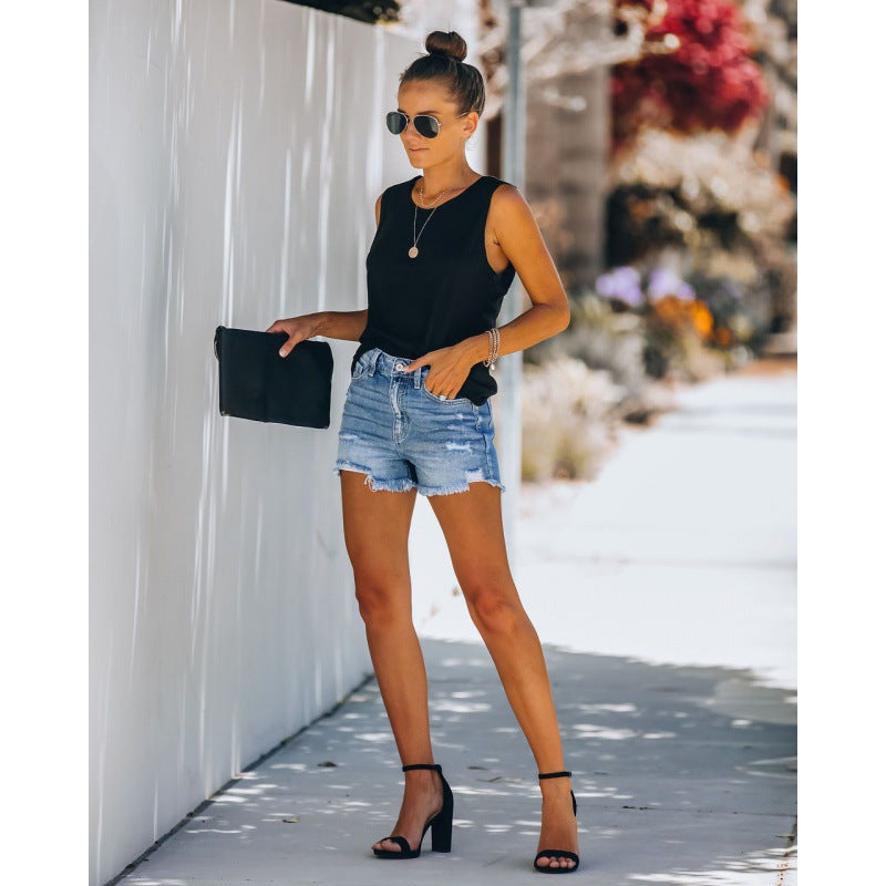 Damen Highwaist Destroyed Jeansshorts mit Fransen