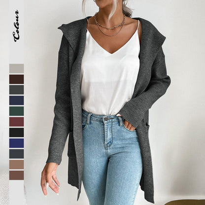Damen Strickcardigan Offene Front Hochkragen Beige - Norvielle