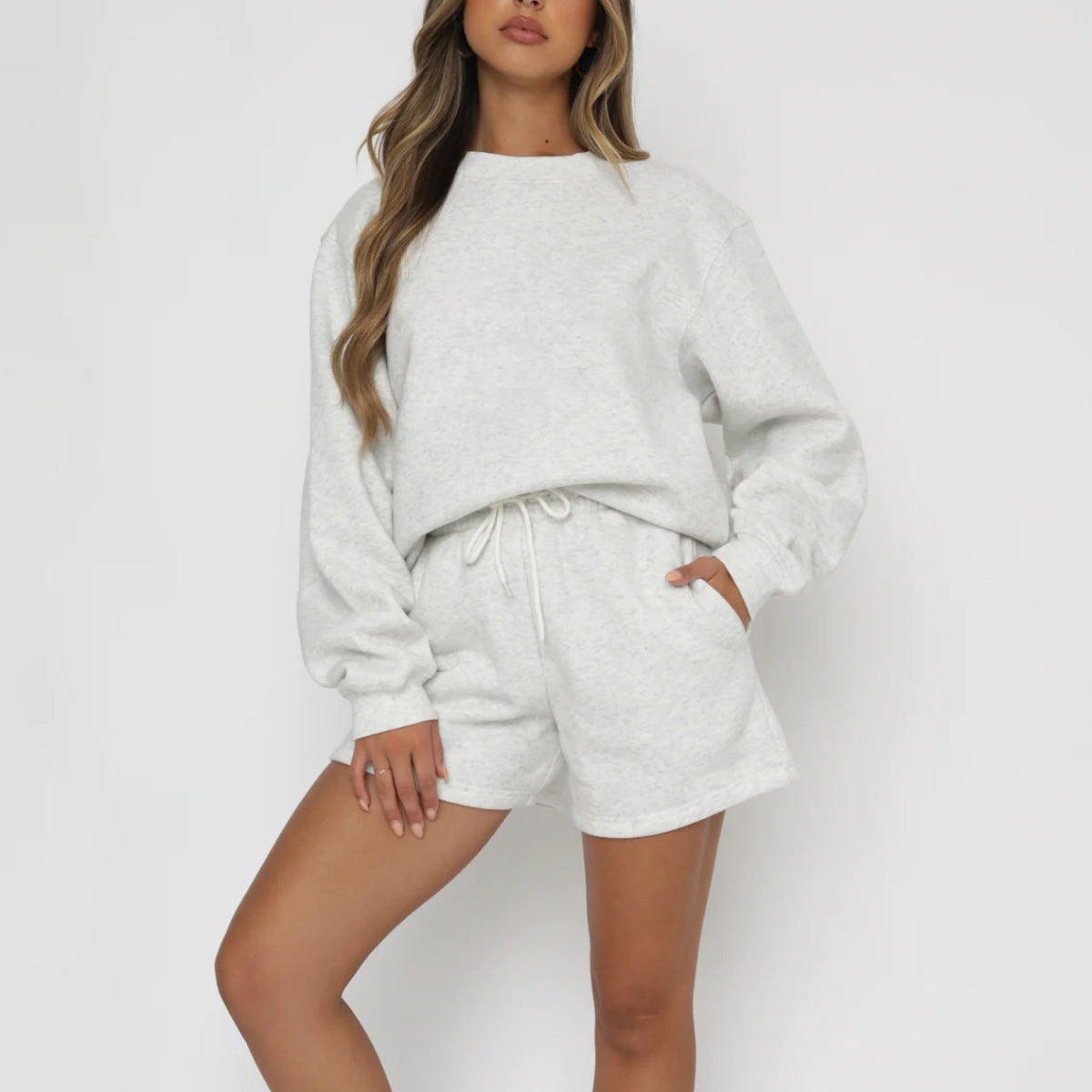 Damen Sweatset Kurzarmoberteil und Shorts Baumwolle Beige
