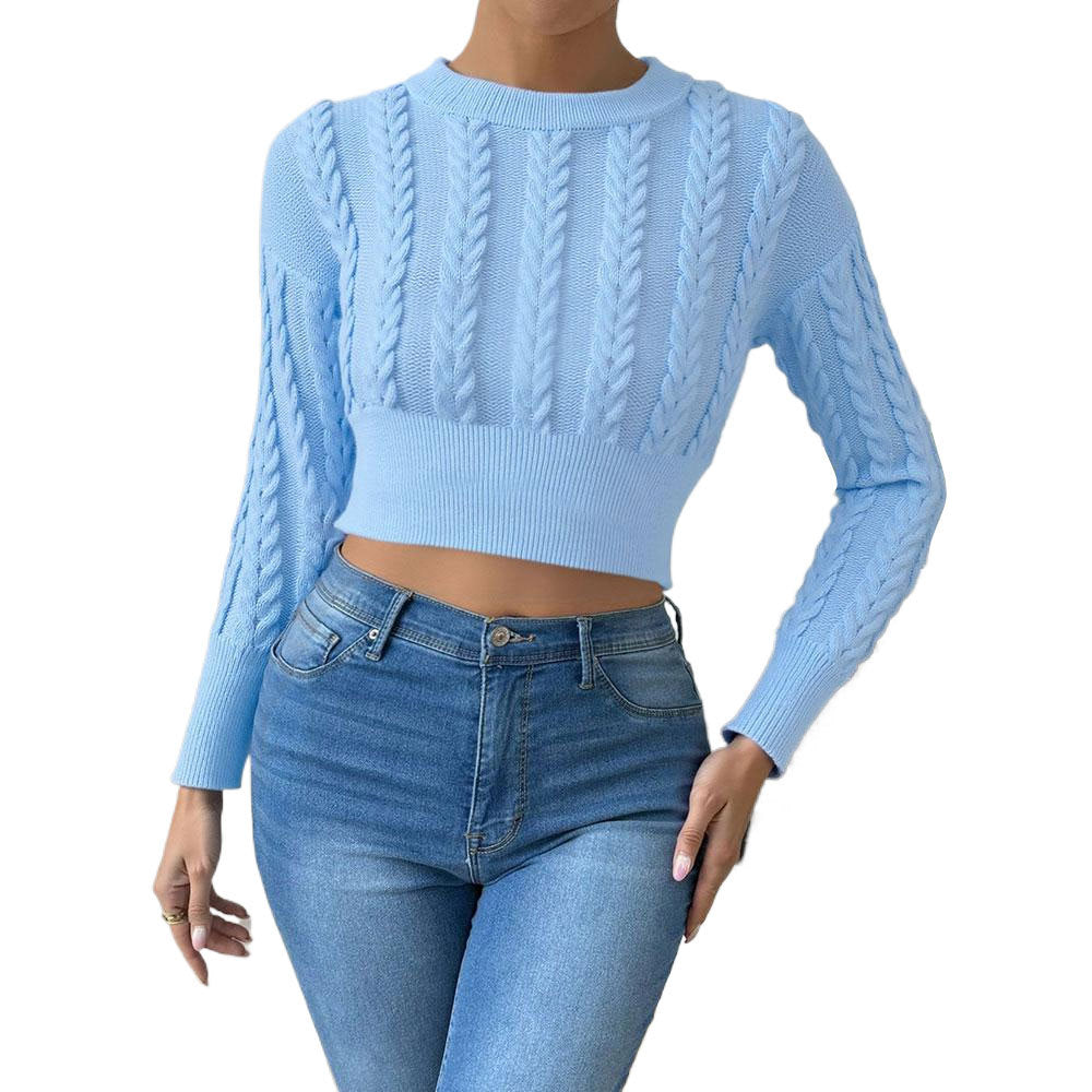 Damen Strickoberteil Kurz Zopfmuster Langärmlig Norvielle