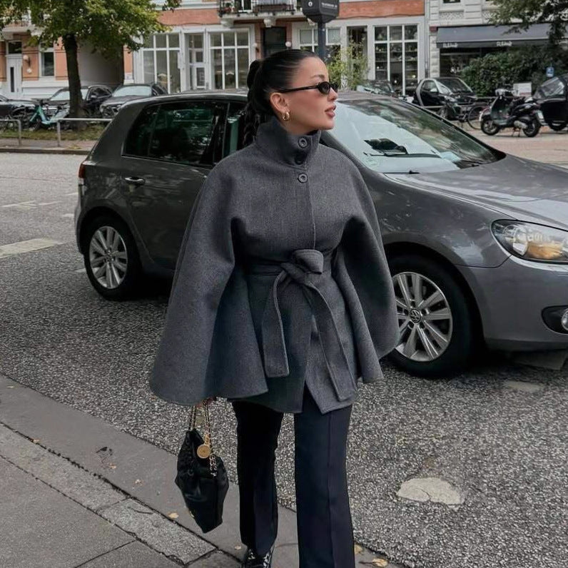 Damen Umhangjacke Wollmix Taillengürtel Norvielle