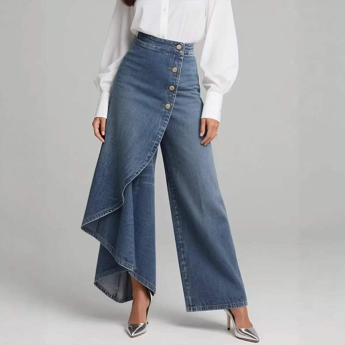 Damen Jeansrock Asymmetrisch Knopfdetails Blau - Norvielle