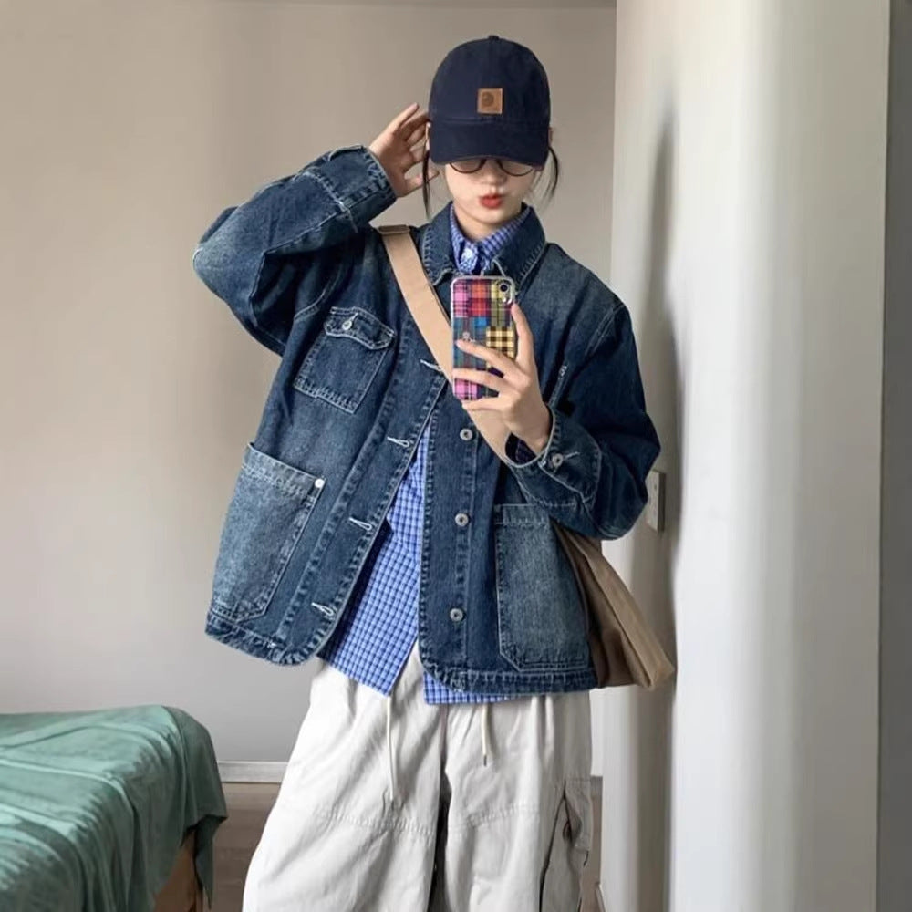 Damen Denim-Jacke Große Taschen Blau Norvielle - Norvielle