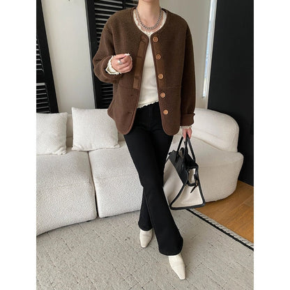 Damen Fleecejacke Kuschelig Knopfleiste Taschen