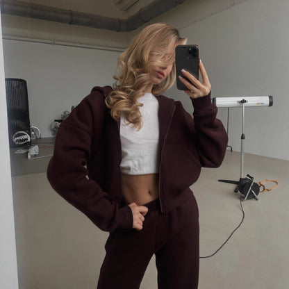 Damen Cropped Freizeitanzug Elastisch Mit Reißverschluss