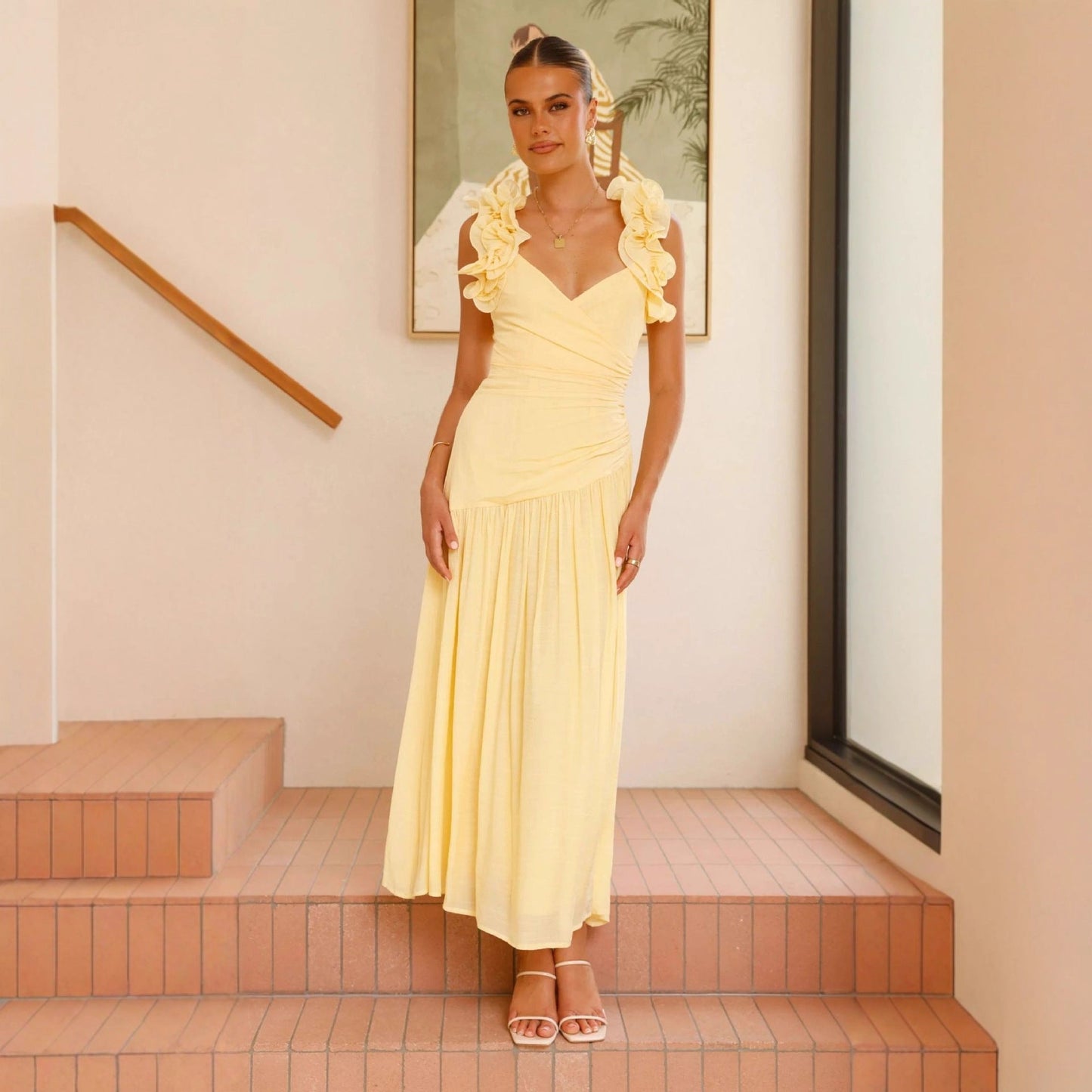 Damen Maxikleid V-Ausschnitt Rüschen Norvielle