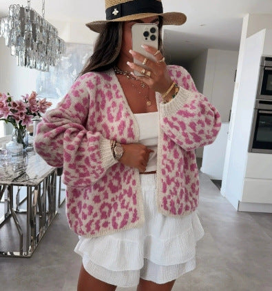 Damen Strickjacke Leopardenmuster Oversized Voluminöse Ärmel Norvielle