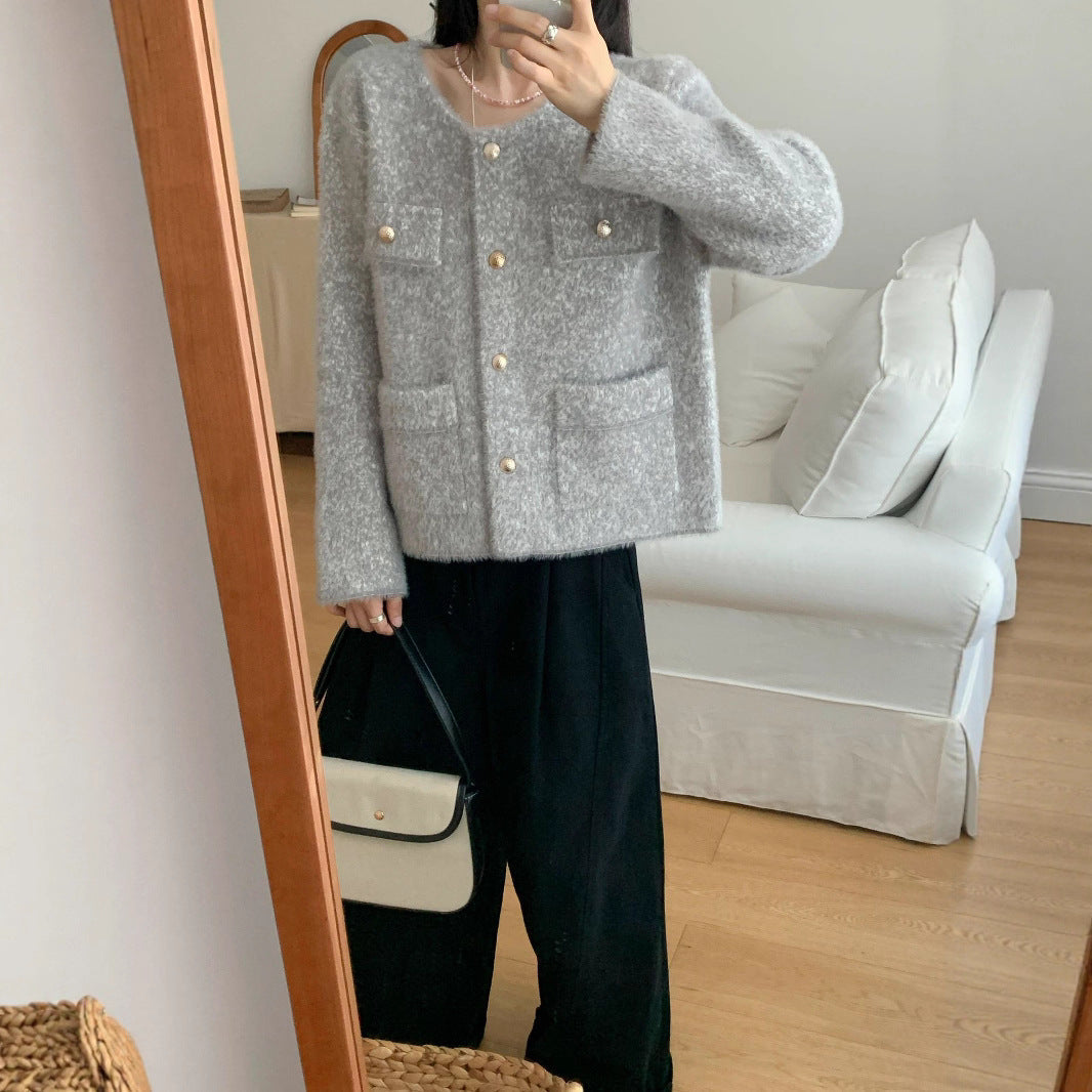 Damen Strickjacke Kuschelig mit Knöpfen und Taschen Beige