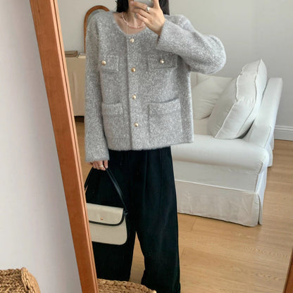 Damen Strickjacke Kuschelig mit Knöpfen und Taschen Beige