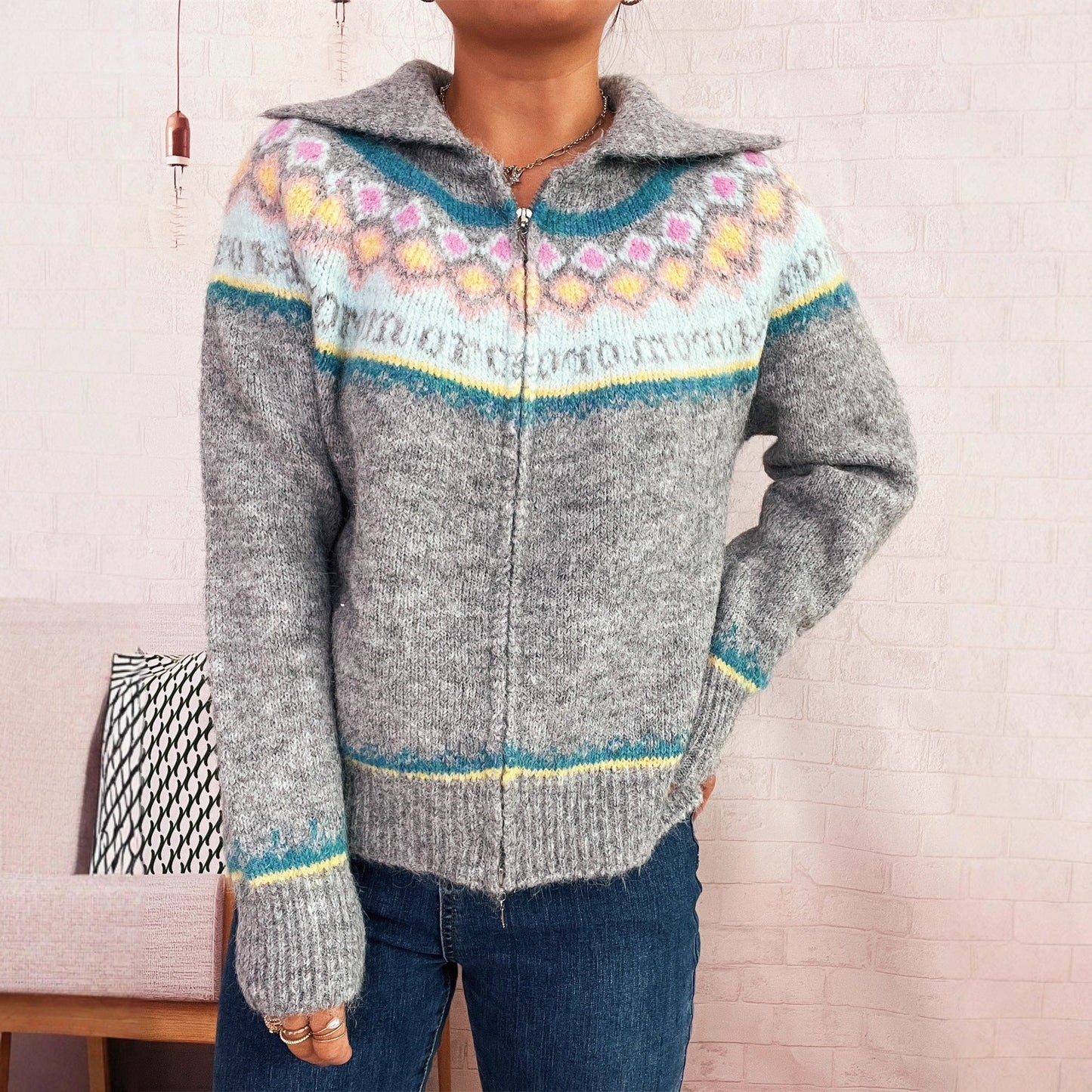 Damen Strickjacke Floralmuster Modern Reißverschluss Norvielle