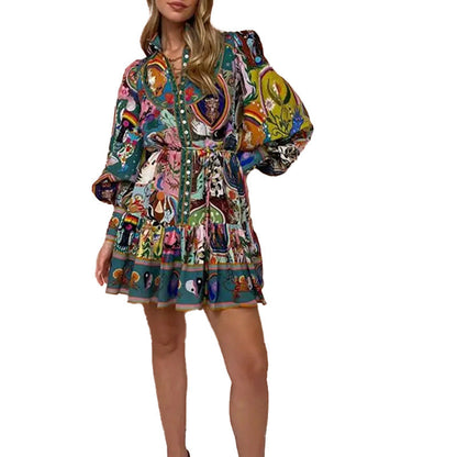 Damen Midikleid Bunt Tier- Blumenmuster Weite Ärmel