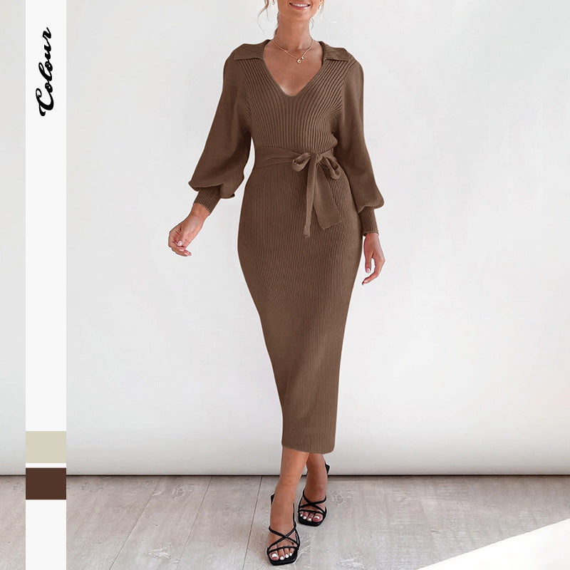 Damen Strickkleid V-Ausschnitt Elegantes Taillieren Norvielle - Norvielle
