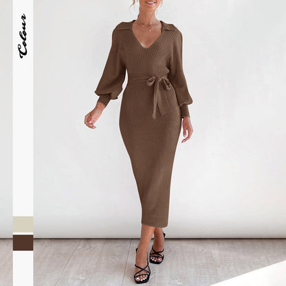 Damen Strickkleid V-Ausschnitt Elegantes Taillieren Norvielle - Norvielle