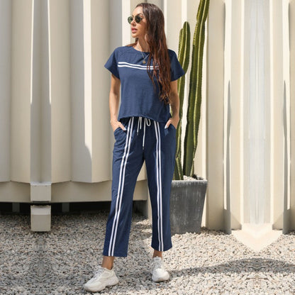 Damen Sportset Gestreiftes Oberteil Bequeme Hose