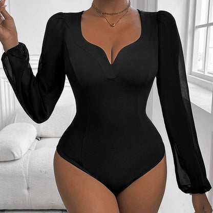 Damen Body mit Puffärmeln und V-Ausschnitt - Norvielle