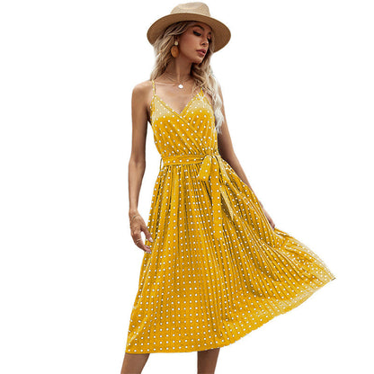 Damen Midikleid mit Gürtel Polka Dot Muster