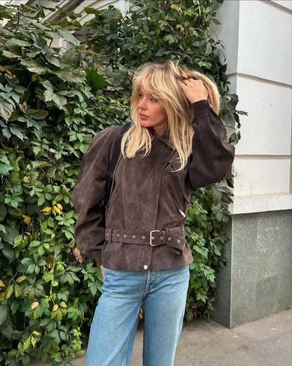 Damen Modische Wildlederjacke mit Taillengürtel