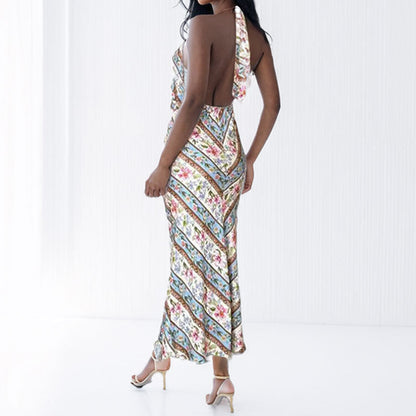 Damen Maxikleid Floralmuster Bindbarer Nacken Norvielle