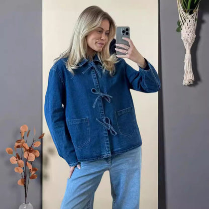 Damen Jeansjacke Dekorative Schleifen Praktische Taschen Blau - Norvielle