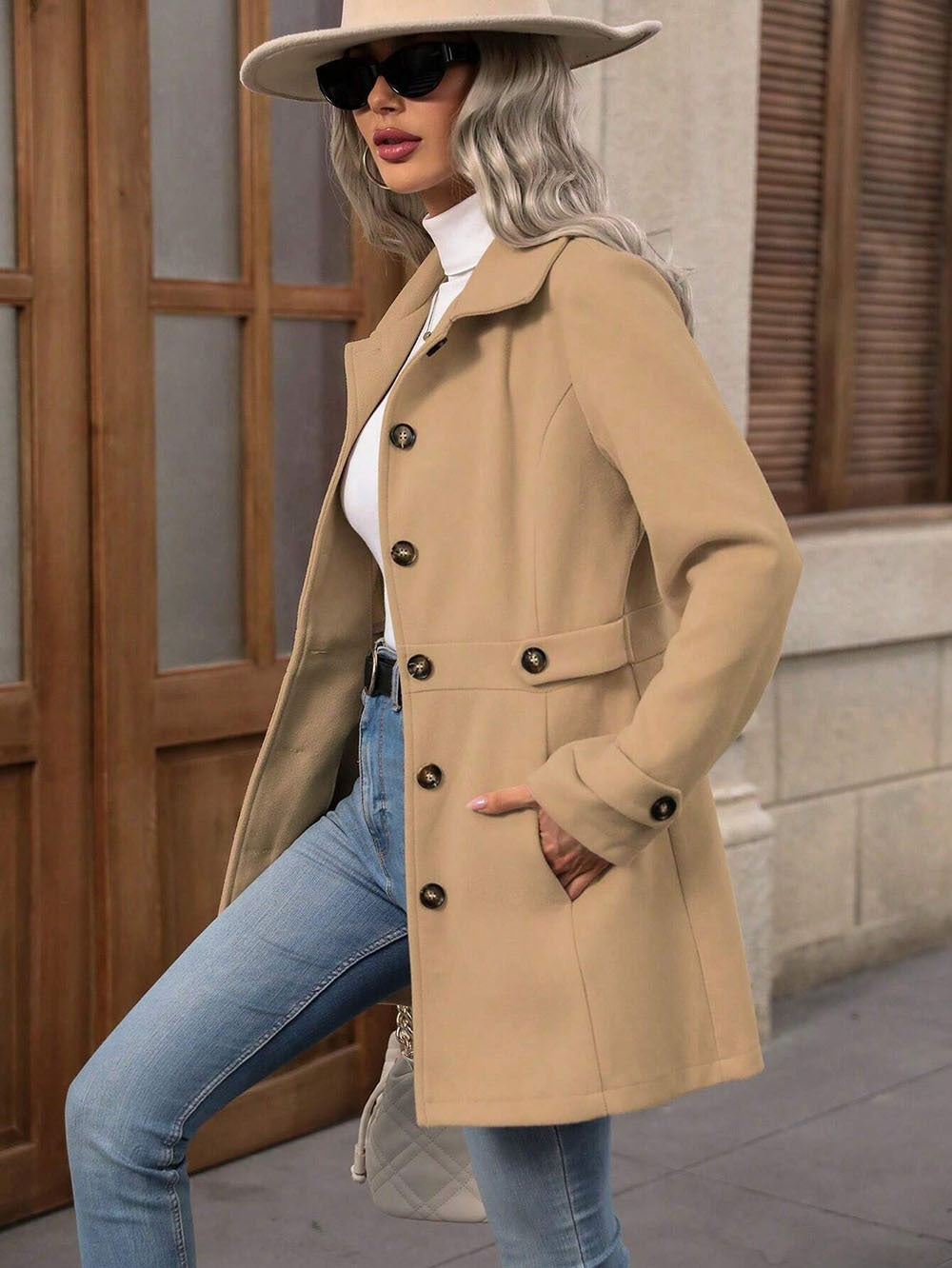 Damen Trenchcoat Tailliert Knopfdetails Beige