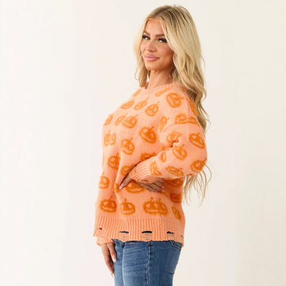 Damen Strickpullover mit Kürbis-Motiv Elastischer Saum Beige