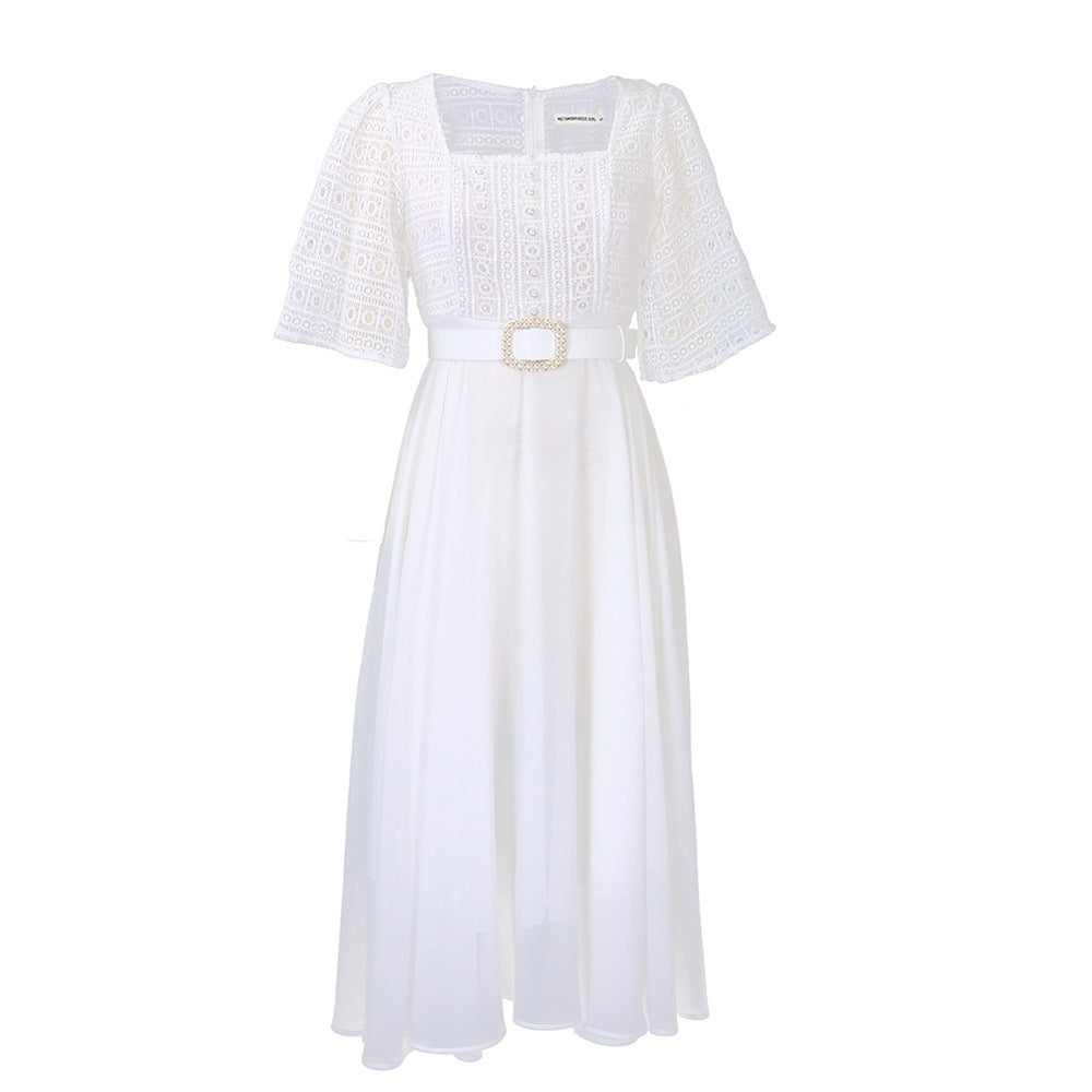 Damen Maxikleid Spitze Taillengürtel Norvielle