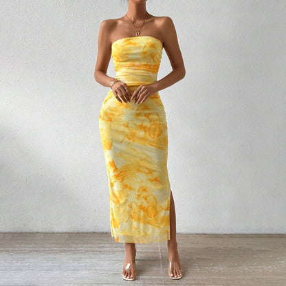 Damen Maxikleid Lang Hülsenform Bandeau-Ausschnitt Hochschlitz