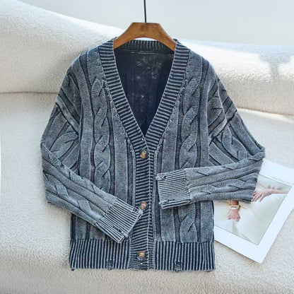 Damen Grobstrick Cardigan V-Ausschnitt Zopfmuster Beige