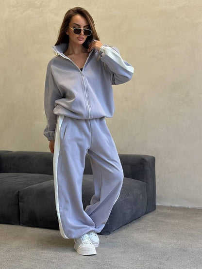 Damen Fleece-Sweat-Set mit hohem Kragen und Streifen Norvielle