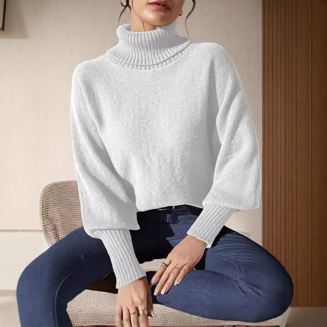 Damen Rollkragenpullover Voluminöse Ärmeln Feines Strickmuster