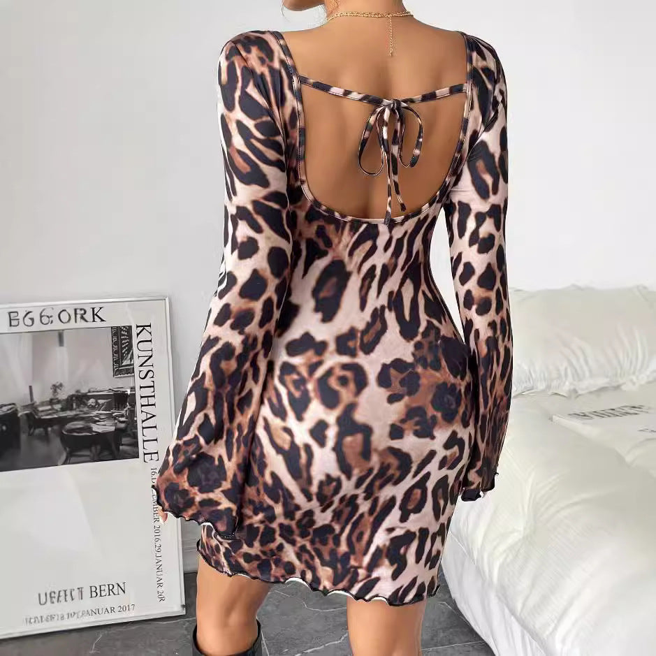 Damen Minikleid Leopardenmuster Weite Ärmel Norvielle