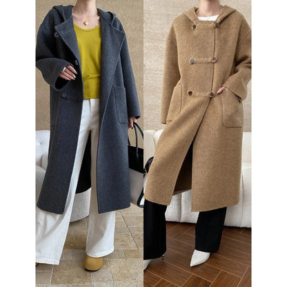Damen Wollmantel mit Kapuze und Taschen Norvielle