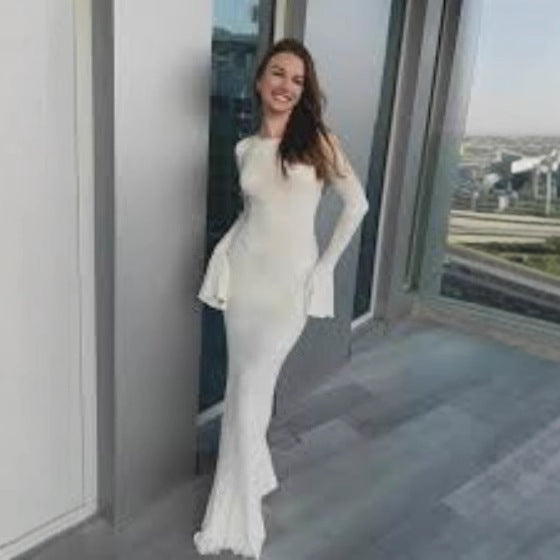 Damen Langkleid Figurbetont Muschel-Design Ärmelabschluss Elegant