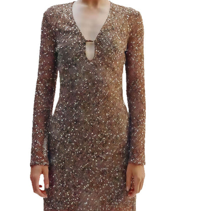 Damen Paillettenkleid V-Ausschnitt Lange Ärmel Norvielle